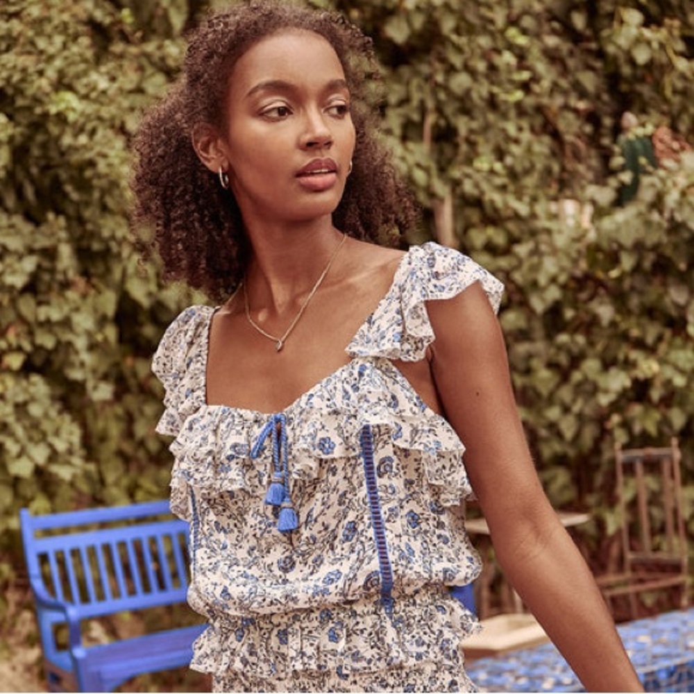 Saylor Eden Wood Block Floral Blue White Lurex Stripe Ruffle Neck Crop Top EUC S